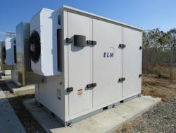 Photo 2. The exterior of a BESS. Pictured on the leftmost exterior of the enclosure are the exhaust fan, air-conditioning unit, and emergency stop button. Photo 2. The exterior of a BESS. Pictured on the leftmost exterior of the enclosure are the exhaust fan, air-conditioning unit, and emergency stop button.