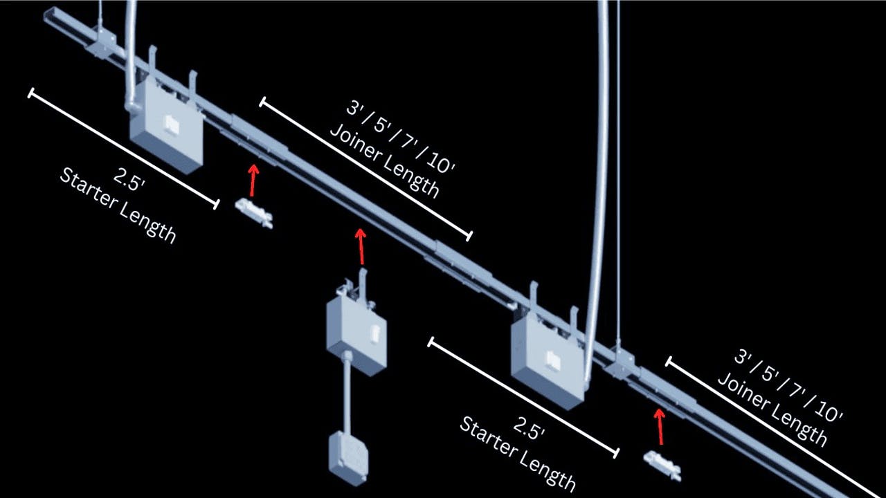 Modular Track Busway layout showing 2.5&prime; starter sections and joiner lengths available in 3&prime;&ndash;10&prime; increments.