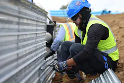 A Gaylor Electric employee secures metal rib mesh to a duct bank at a confidential data center in northern Indiana. A Gaylor Electric employee secures metal rib mesh to a duct bank at a confidential data center in northern Indiana.