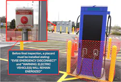 Photo 6. Several new and revised provisions in Sec. 625.43 help protect maintenance personnel and first responders. Proper placement, marking, and type requirements of the EVSE or WPTE emergency shutoff allow operation of the shutoff at a safe distance from the charging station in the event of an incident, yet the emergency shutoff means is close enough for ready access. Photo 6. Several new and revised provisions in Sec. 625.43 help protect maintenance personnel and first responders. Proper placement, marking, and type requirements of the EVSE or WPTE emergency shutoff allow operation of the shutoff at a safe distance from the charging station in the event of an incident, yet the emergency shutoff means is close enough for ready access.