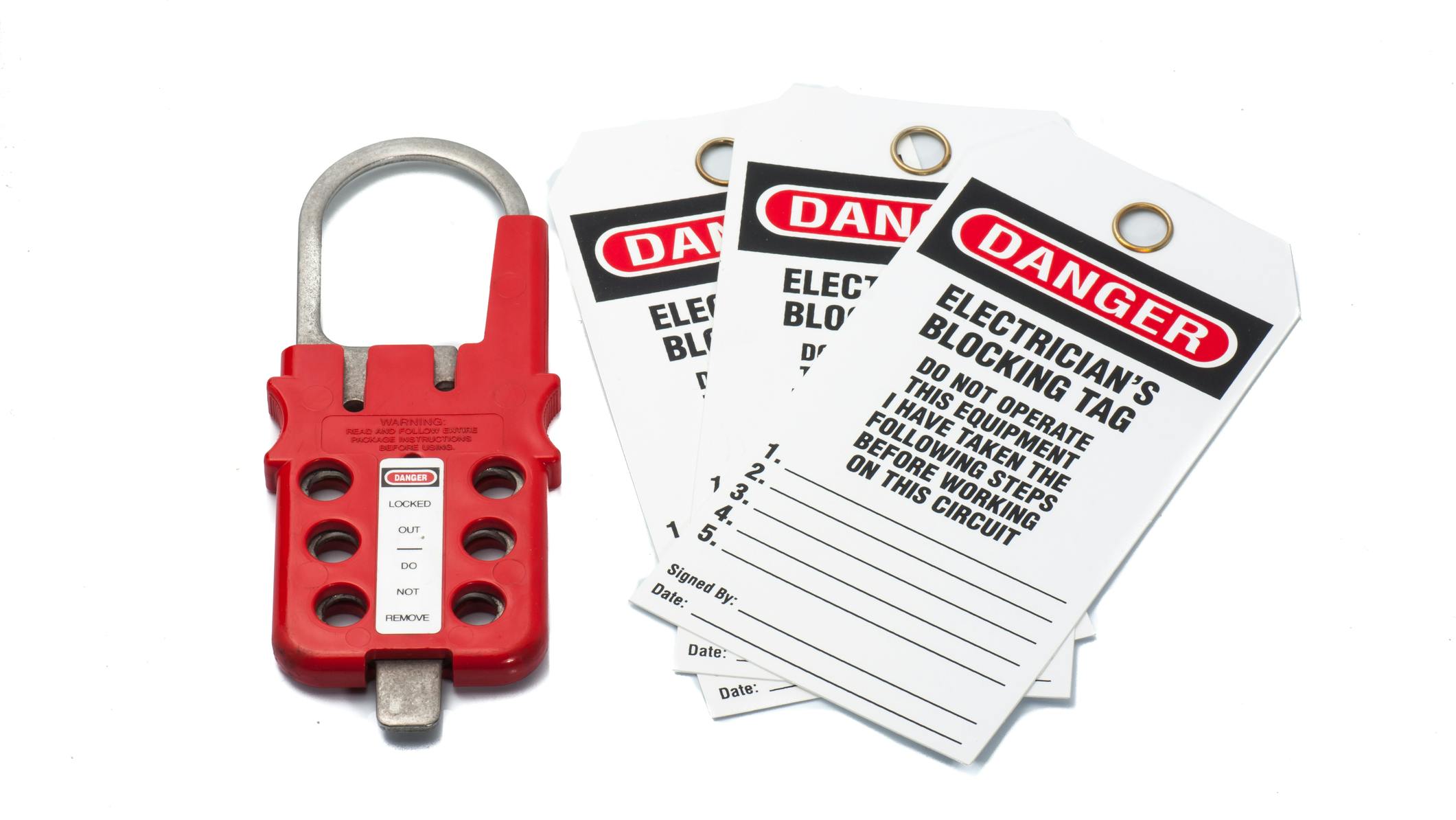 Tag Out Danger label with hasp on isolated background