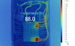 Fig. 2. A person qualified to interpret thermal images must analyze this infrared thermal scan of this single-phase panelboard to determine if there is an overheating issue. Certain breakers may just be under load, thus the elevated temperature of the breakers and conductors.