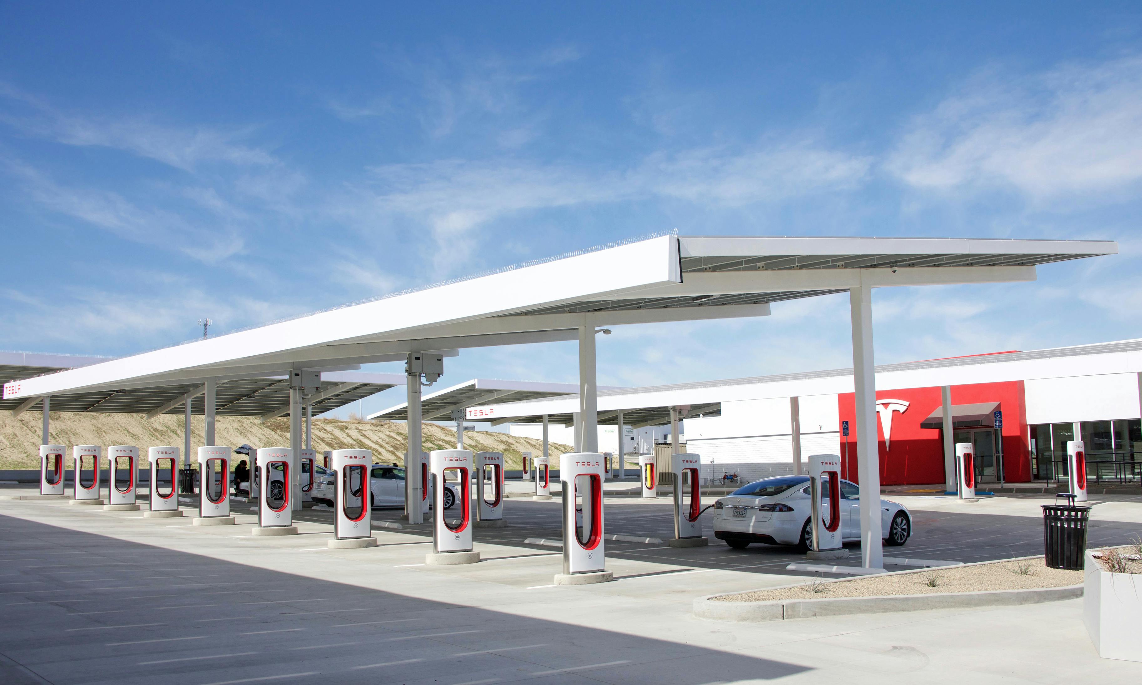 This Tesla supercharger station in Kettleman City, Calif., features 40 charging stations all on solar power.
