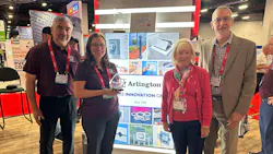 Mike Eby, VP of Content Strategy for the Buildings and Construction Group, stopped by Booth 4700 to present EC&M's 2026 Product of the Year Gold award to Arlington Industries at the NECA 2026 show. Pictured from left are Arlington's Richard Temblador, Kris Gager, and Betty Stark and Mike Eby from EC&M.